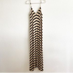 SAKS FIFTH AVE 5/48 Beige Tan Black Stripe V Neck Maxi Dress